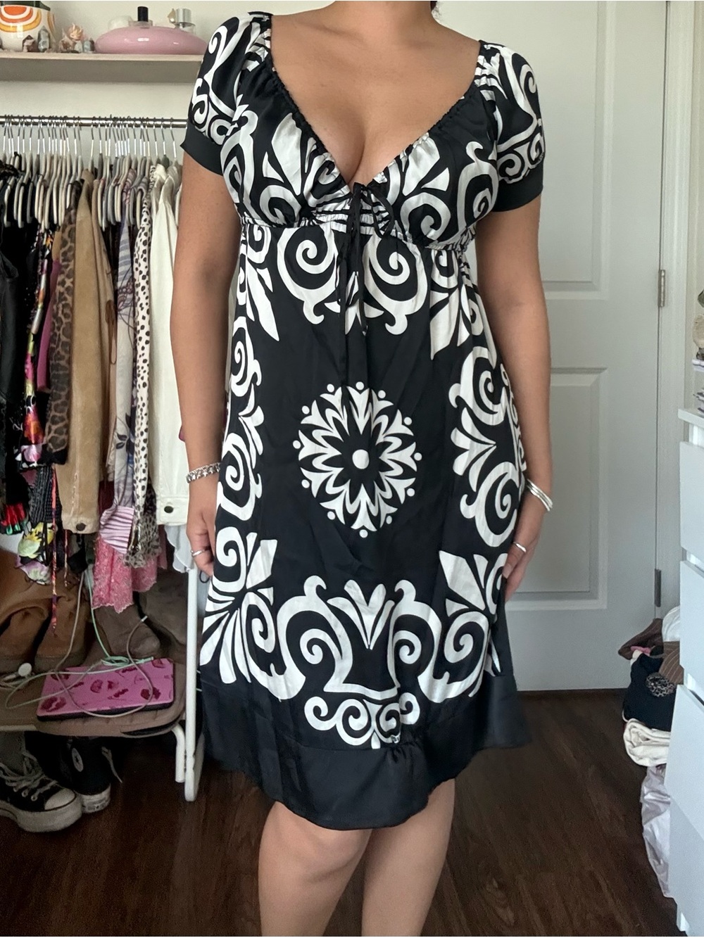 bebe Black and White Graphic Empire-Waist Dress